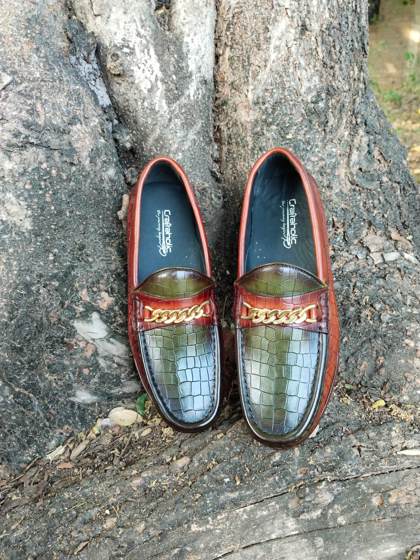 Moccasins Crocodile Printed in Tan & Green Combination in Leather Sole