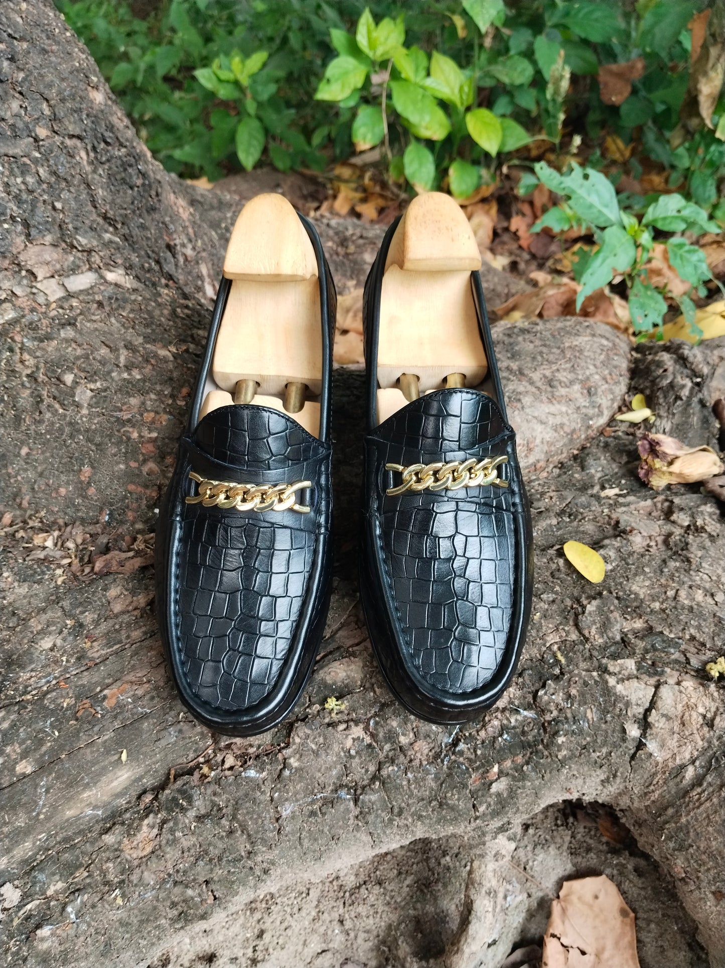 Black Crocodile Moccasins with Gold Colour Chain in Leather Sole