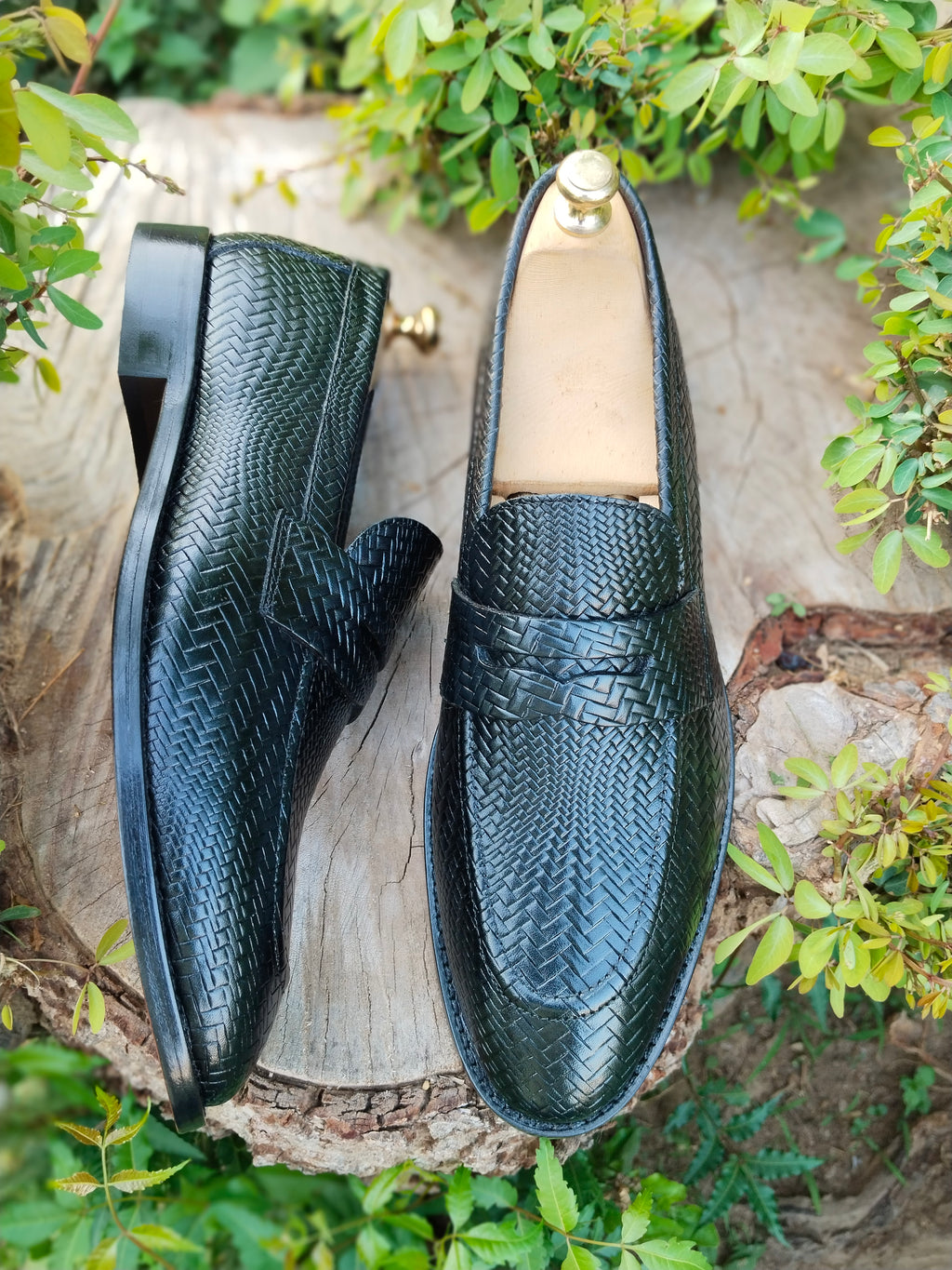 Black Penny Loafer with Meshed Print in Natural Leather with Leather Sole