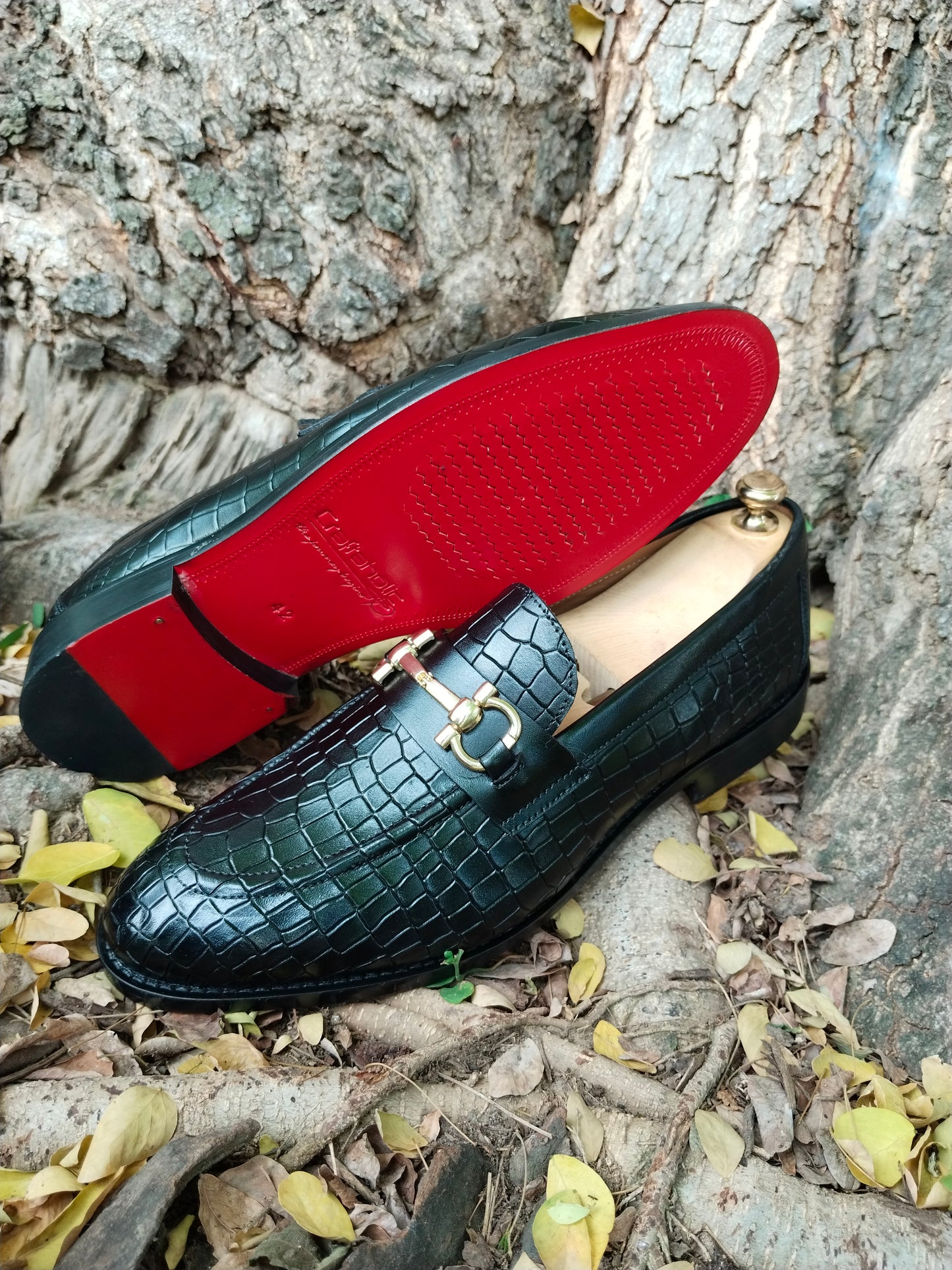 Black Crocodile Print Slipons With Buckle in Leather Sole