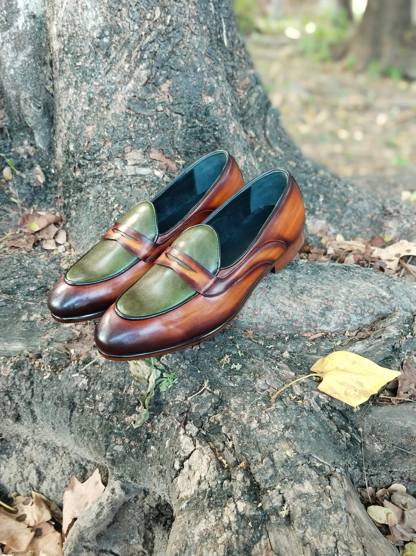 Belgian Loafer Tan With Green Combination in Leather Sole Patina Finished