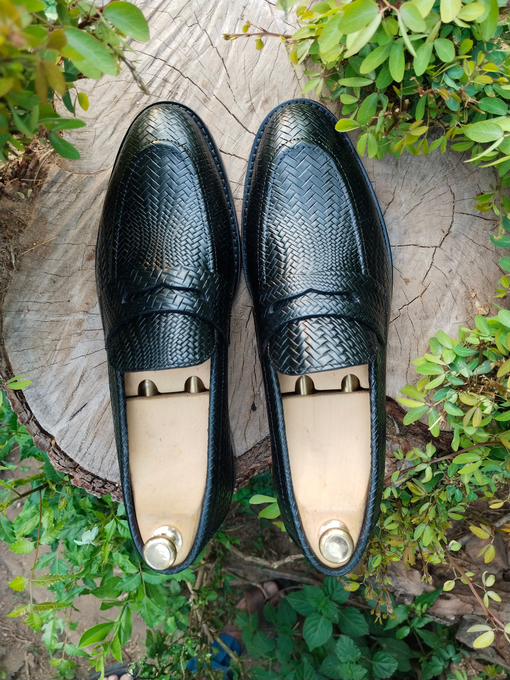 Black Penny Loafer with Meshed Print in Natural Leather with Leather Sole