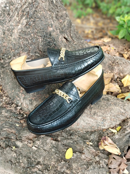 Black Crocodile Moccasins with Gold Colour Chain in Leather Sole