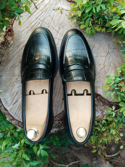 Black Crocodile Printed in Natural Leather with Leather Sole