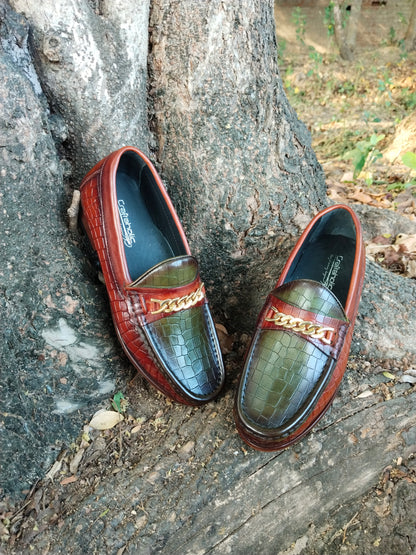 Moccasins Crocodile Printed in Tan & Green Combination in Leather Sole