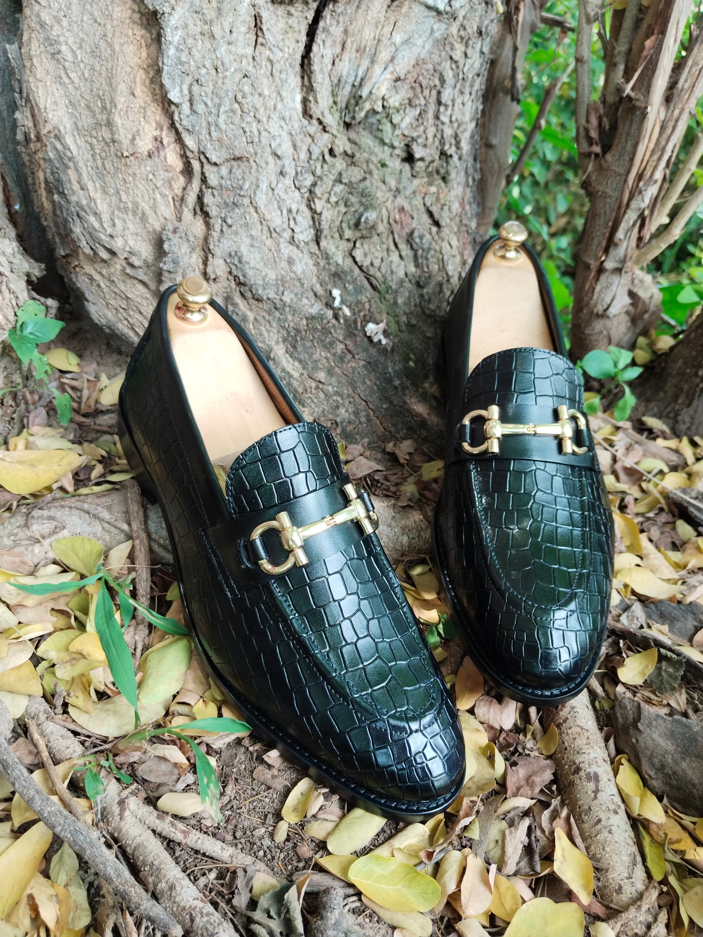 Black Crocodile Print Slipons With Buckle in Leather Sole