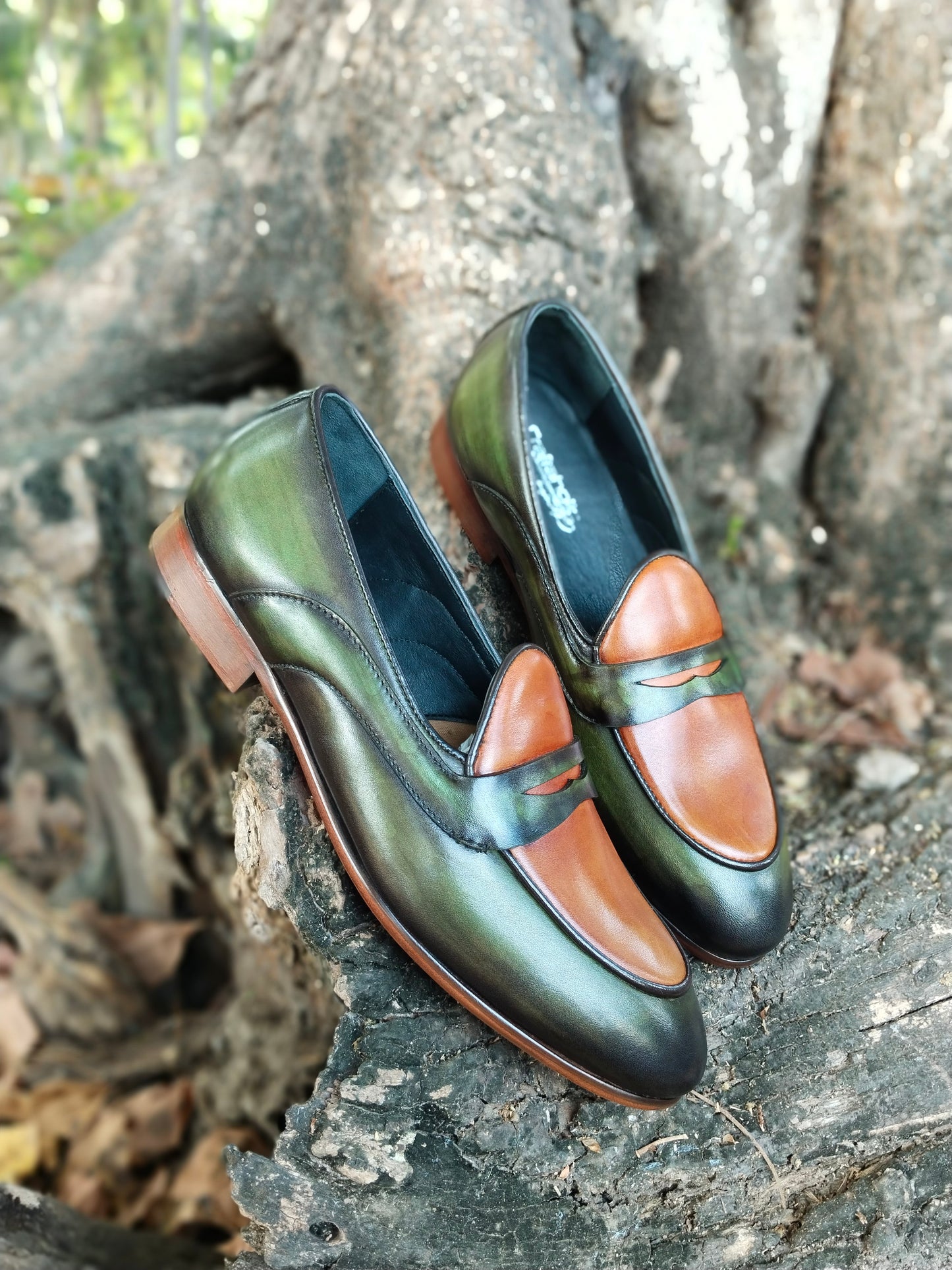 Belgian Loafer with Green & Tan Combination in Leather Sole Patina Finished