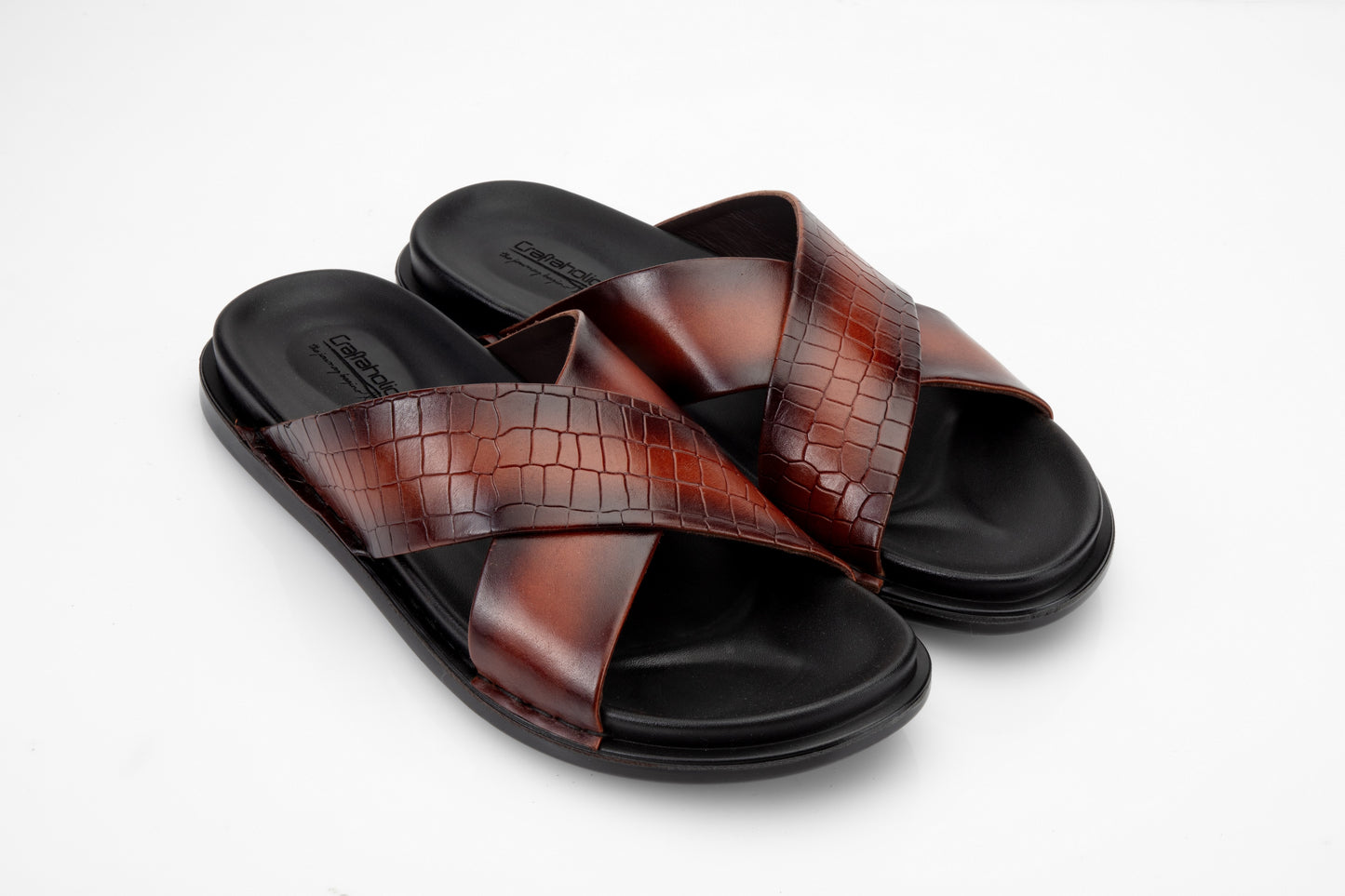 Leather Slipper TAN Colour Patina Finished   with Crocodile  Print PU sole