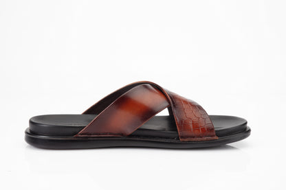 Leather Slipper TAN Colour Patina Finished   with Crocodile  Print PU sole