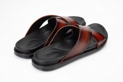 Leather Slipper TAN Colour Patina Finished   with Crocodile  Print PU sole