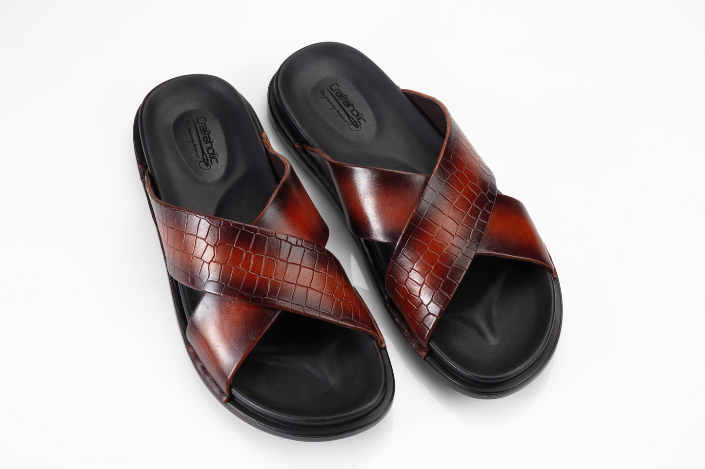 Leather Slipper TAN Colour Patina Finished   with Crocodile  Print PU sole