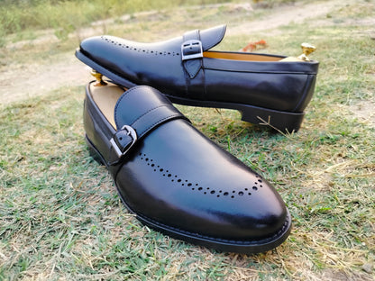 Black Slip Ons With Single Strap in Leather Sole