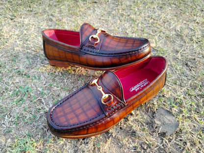 Hand-Painted Checked Moccasins in Leather Sole