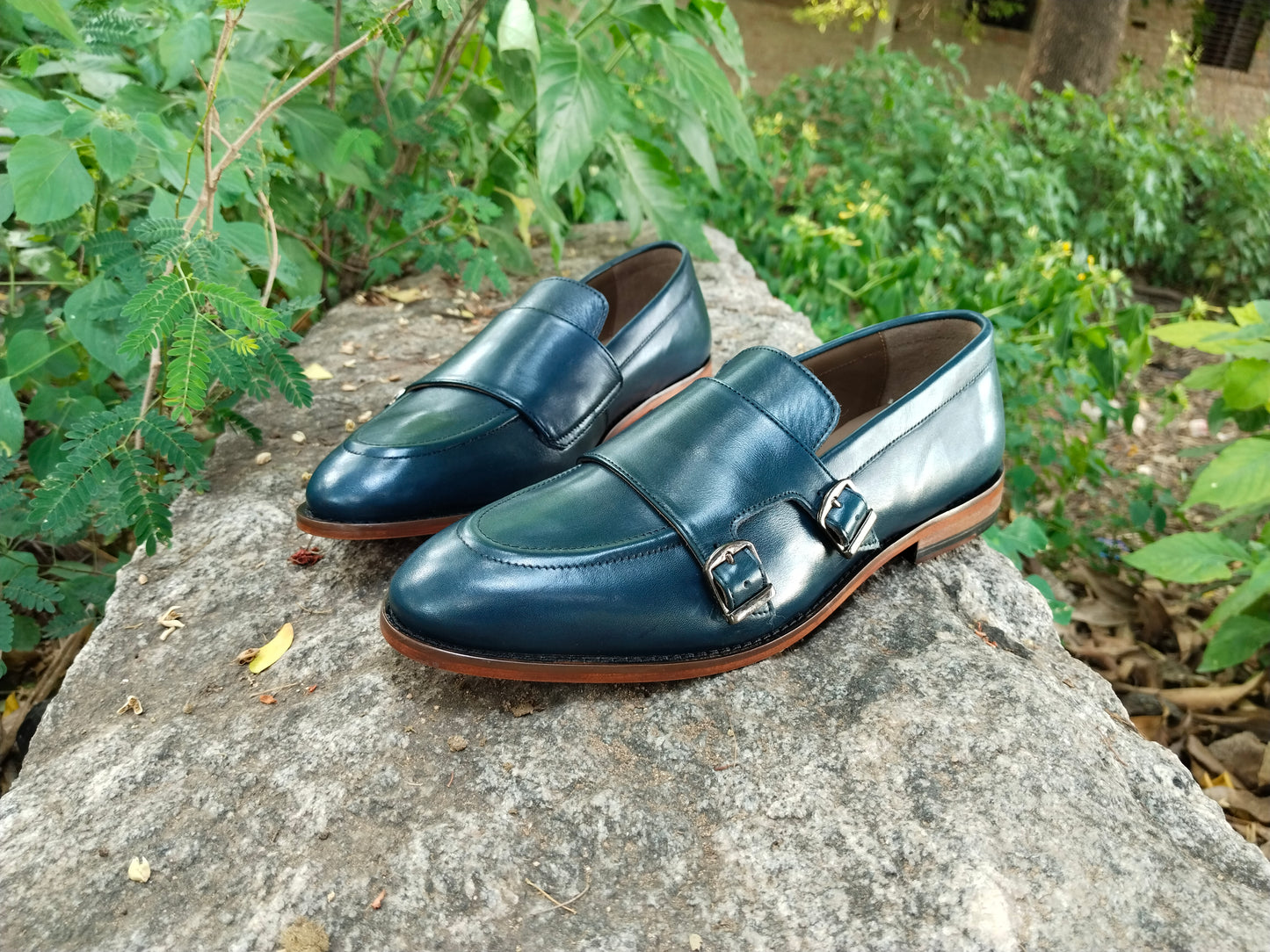 Slip Ons With Double Monk Blue Colour in Leather Sole