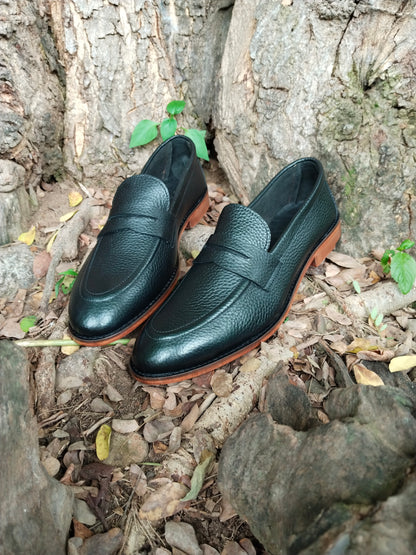 Penny Loafer in Black Natural Milled Leather with Leather Sole